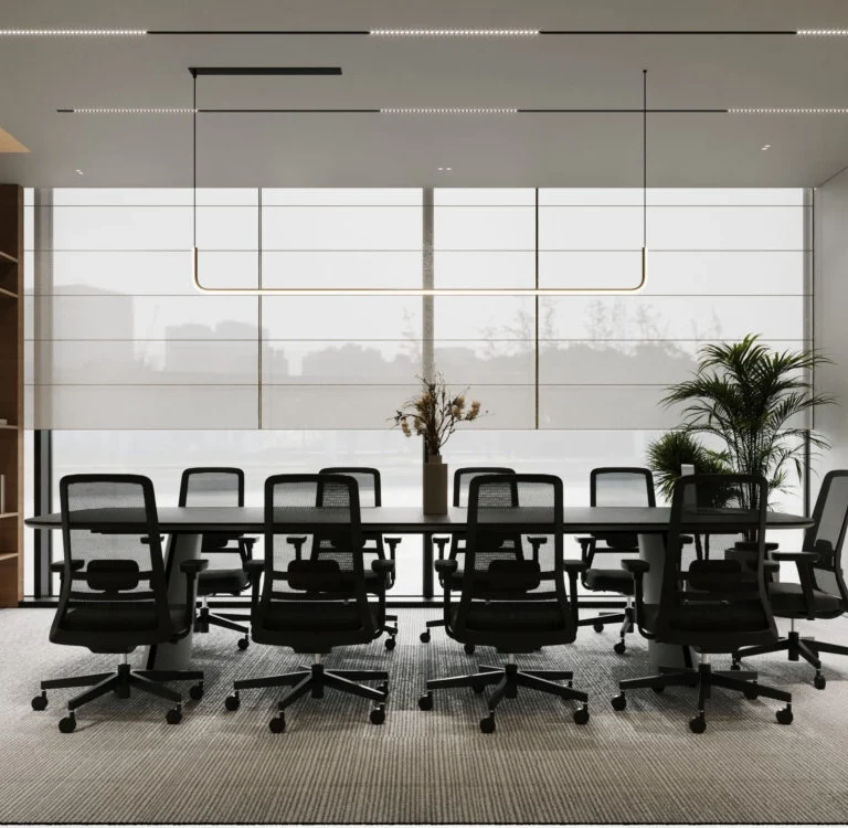office work station interior design with natural light, in front of windows