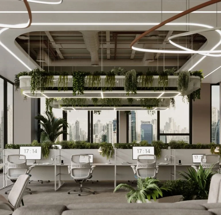 office workstation interior design with natural elements like plants