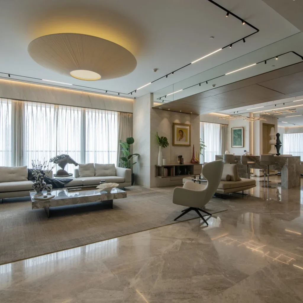 Spacious apartment interior design in Dubai with open living and dining areas, marble flooring and modern furniture