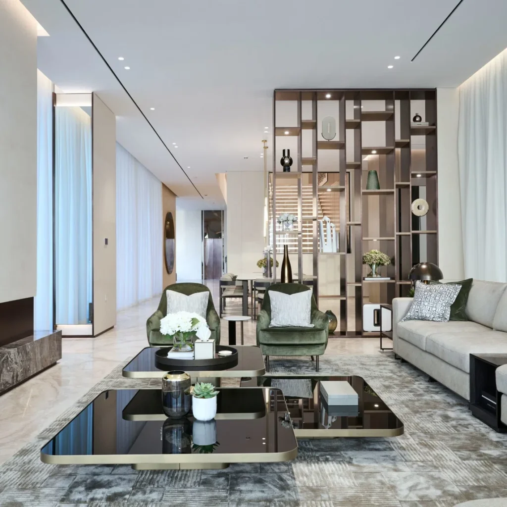 Modern penthouse living room interior in Dubai with green armchairs, decorative shelving and contemporary furniture