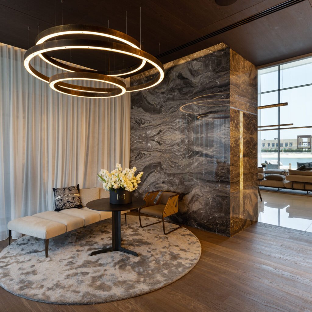 Villa fit out in Dubai featuring a statement marble wall, custom lighting and contemporary interior finishes