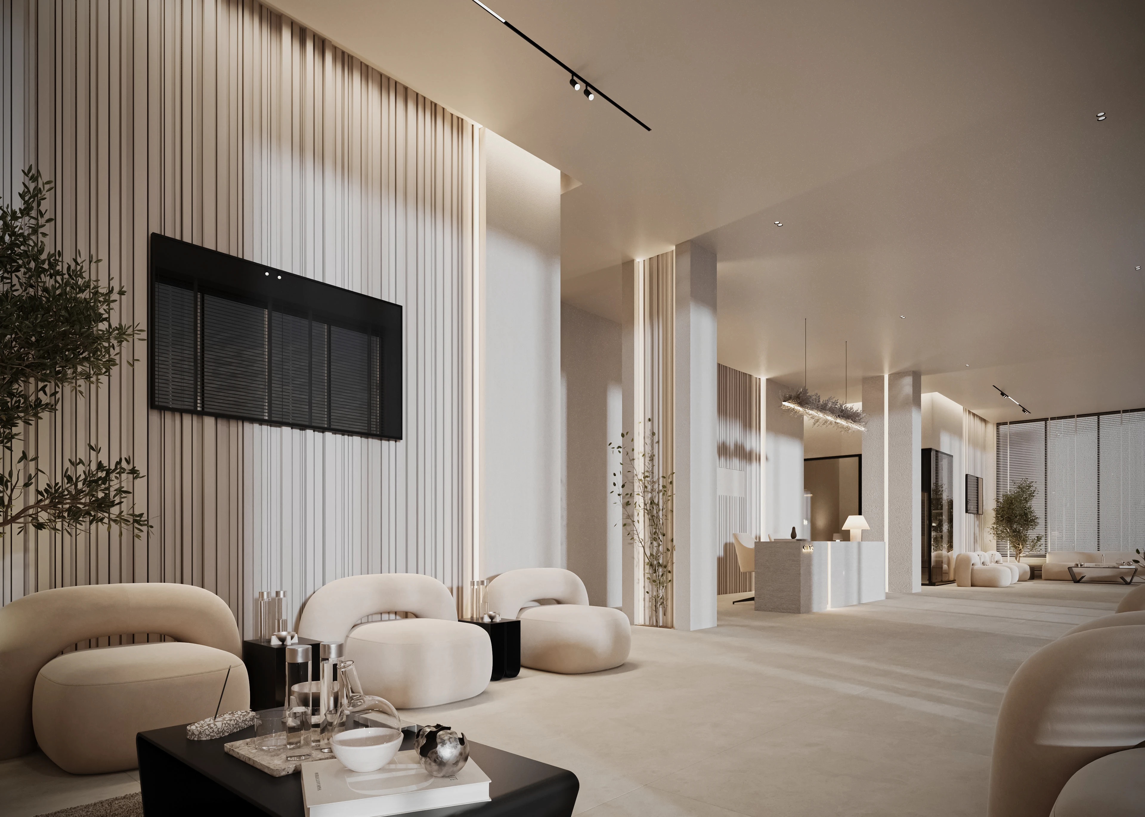 Botanical aesthetic clinic interior design in Dubai featuring fluted details, natural elements and contemporary treatment spaces
