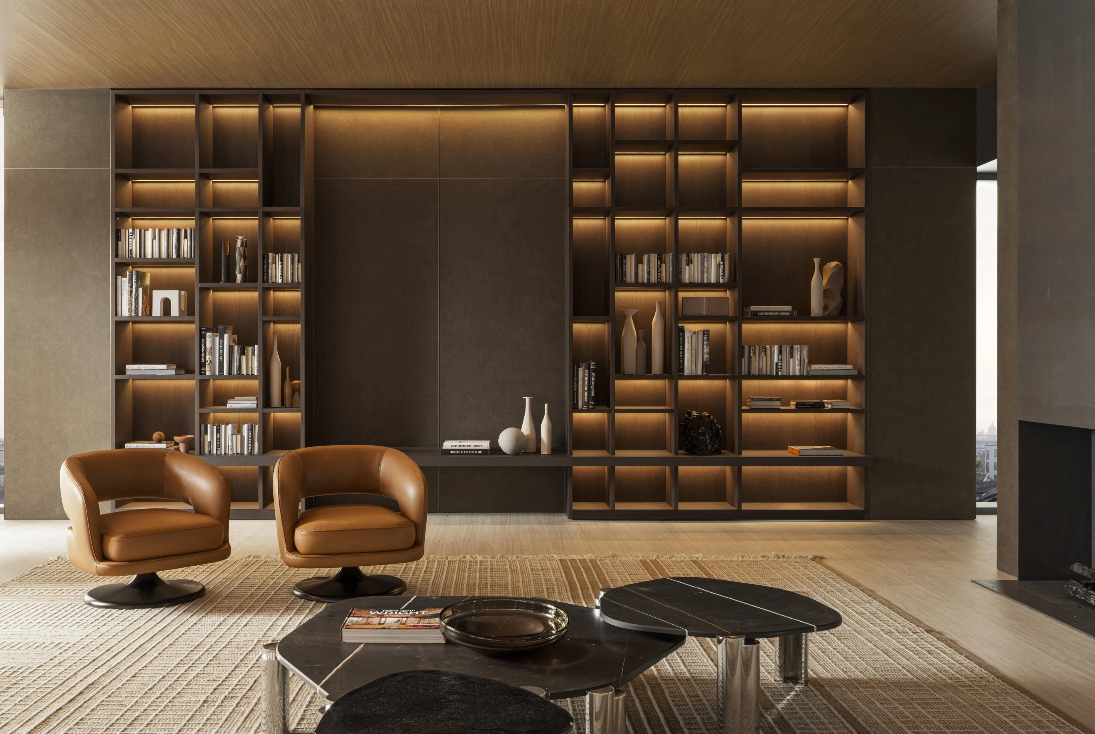 Modern living room interior design in Dubai with custom shelving, warm lighting and contemporary furniture