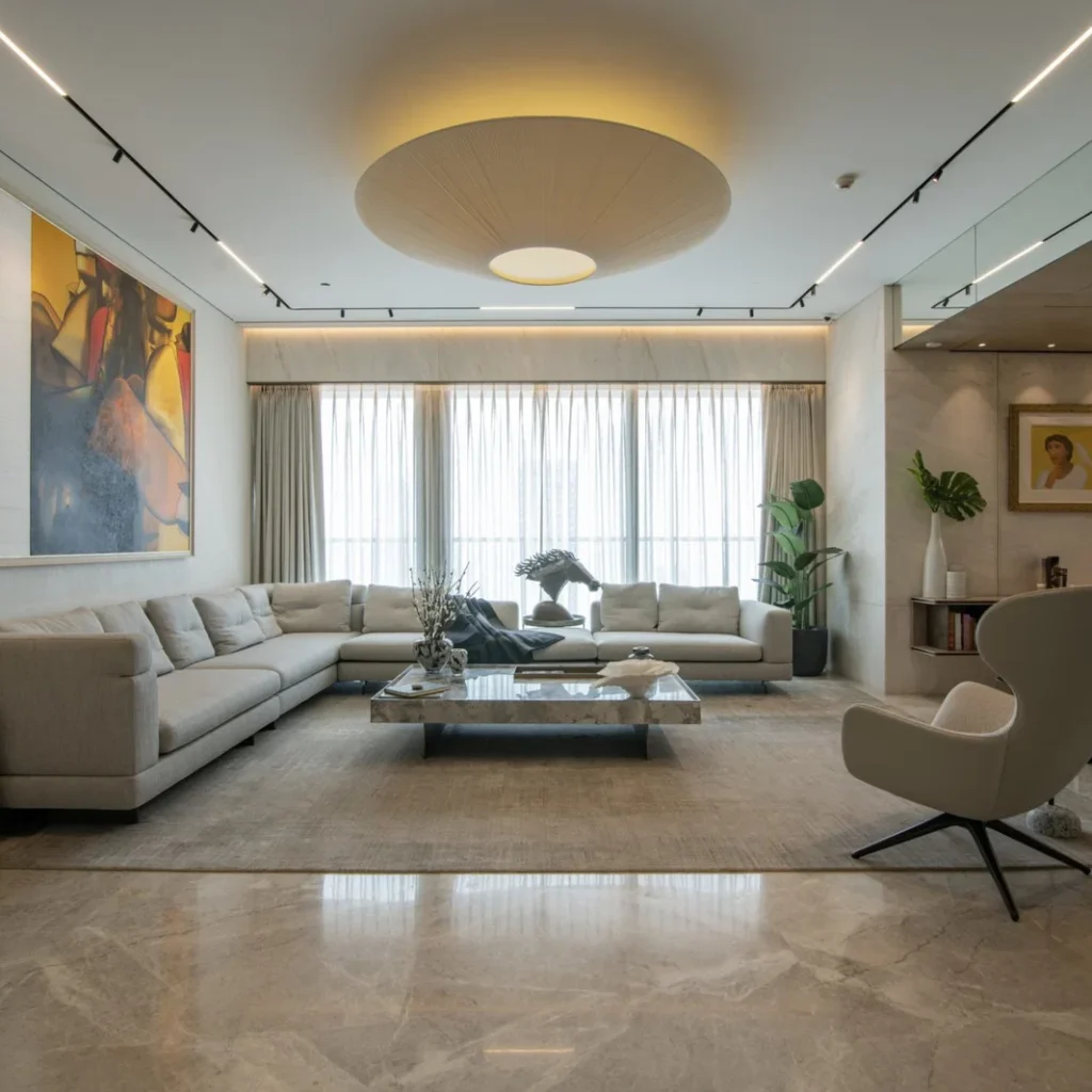 Penthouse renovation in Dubai featuring a contemporary living room with sectional sofa, marble flooring and custom ceiling lighting