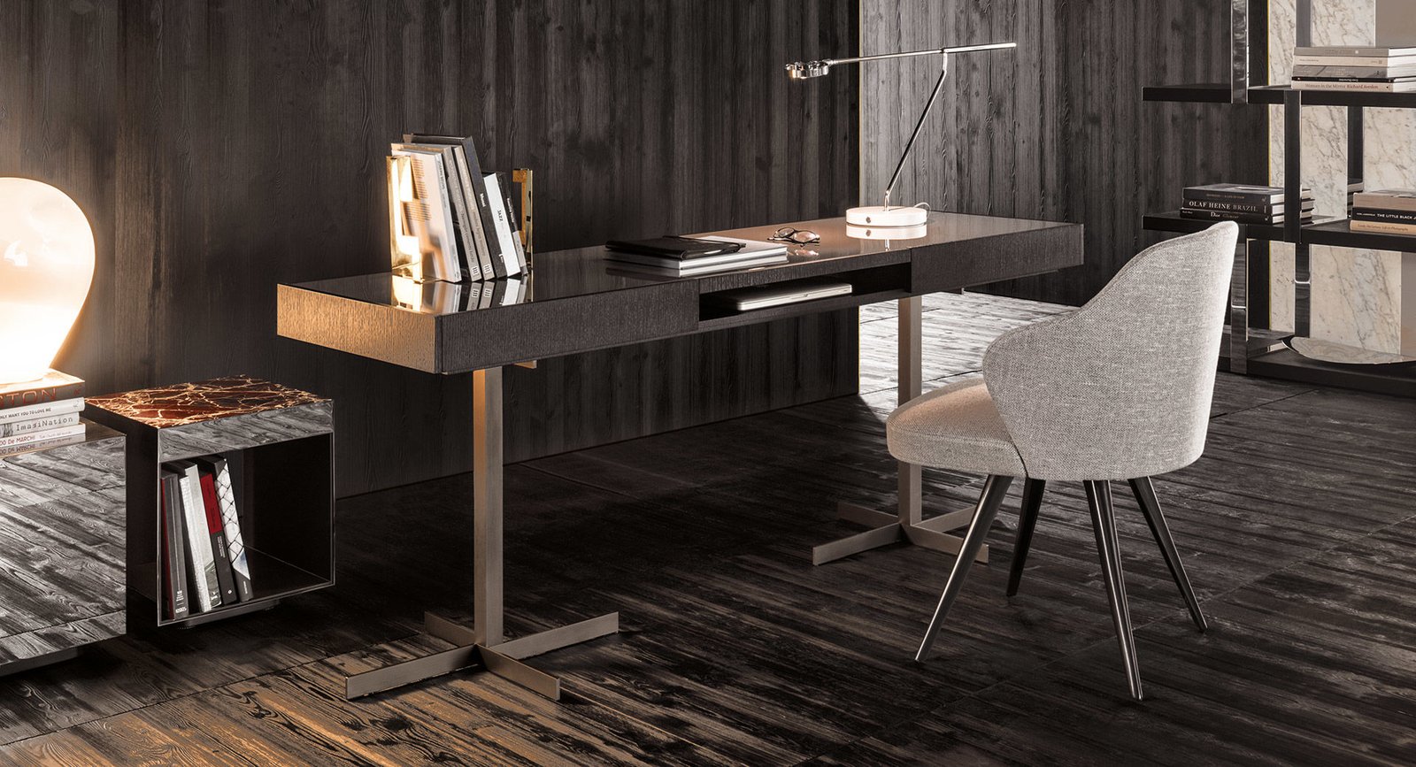 Custom furniture in Dubai featuring a bespoke executive office desk, upholstered chair and coordinated storage furniture